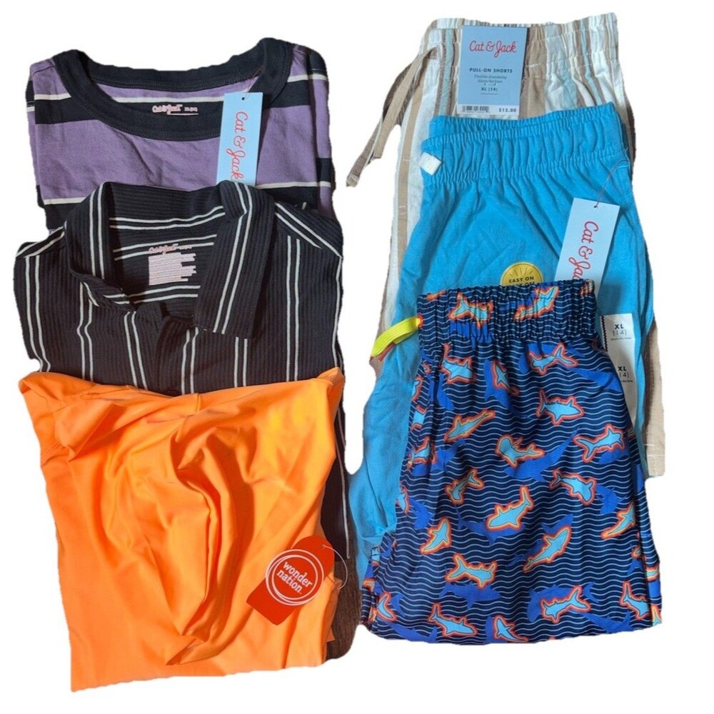 Cat & Jack Boys 6 Piece Set - XL 14/16 NWT Shorts, Tops, Swim Trunk & Rash Guard